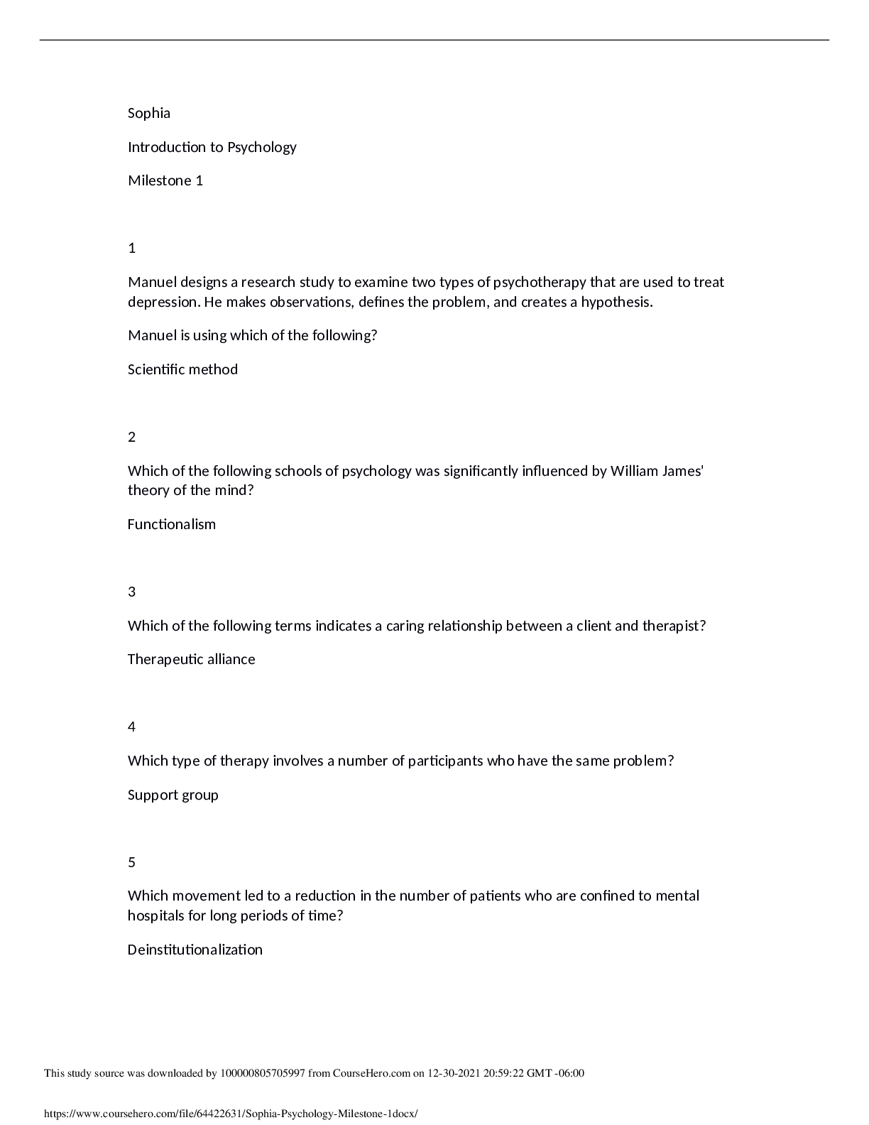 Preview of Sophia Psychology Milestone 1